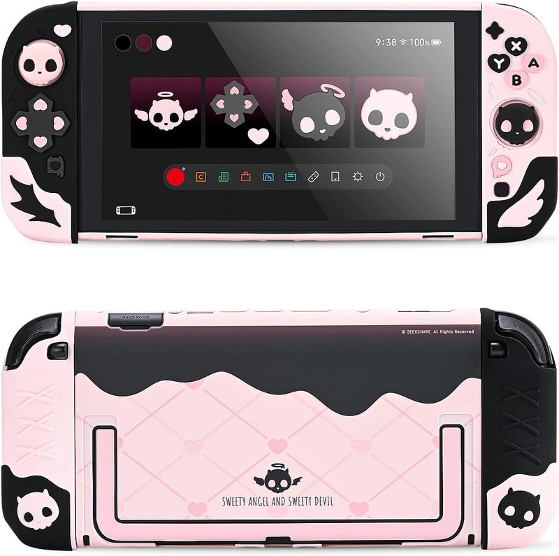 GEEKSHARE Protective Case Set Compatible with switch 2, PC Back Plate with Silicone Joysticks Covers, Includes 2 Thumb Grips, Waterproof Protection - Sweetheart Skull (Black & Pink) - Image 1